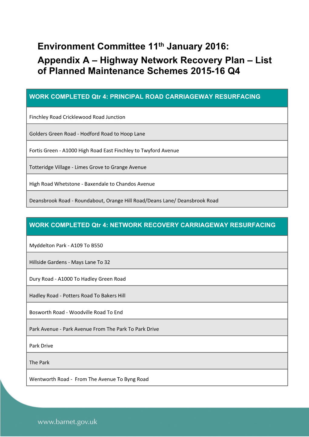 List of Planned Maintenance Schemes 2015-16 Q4