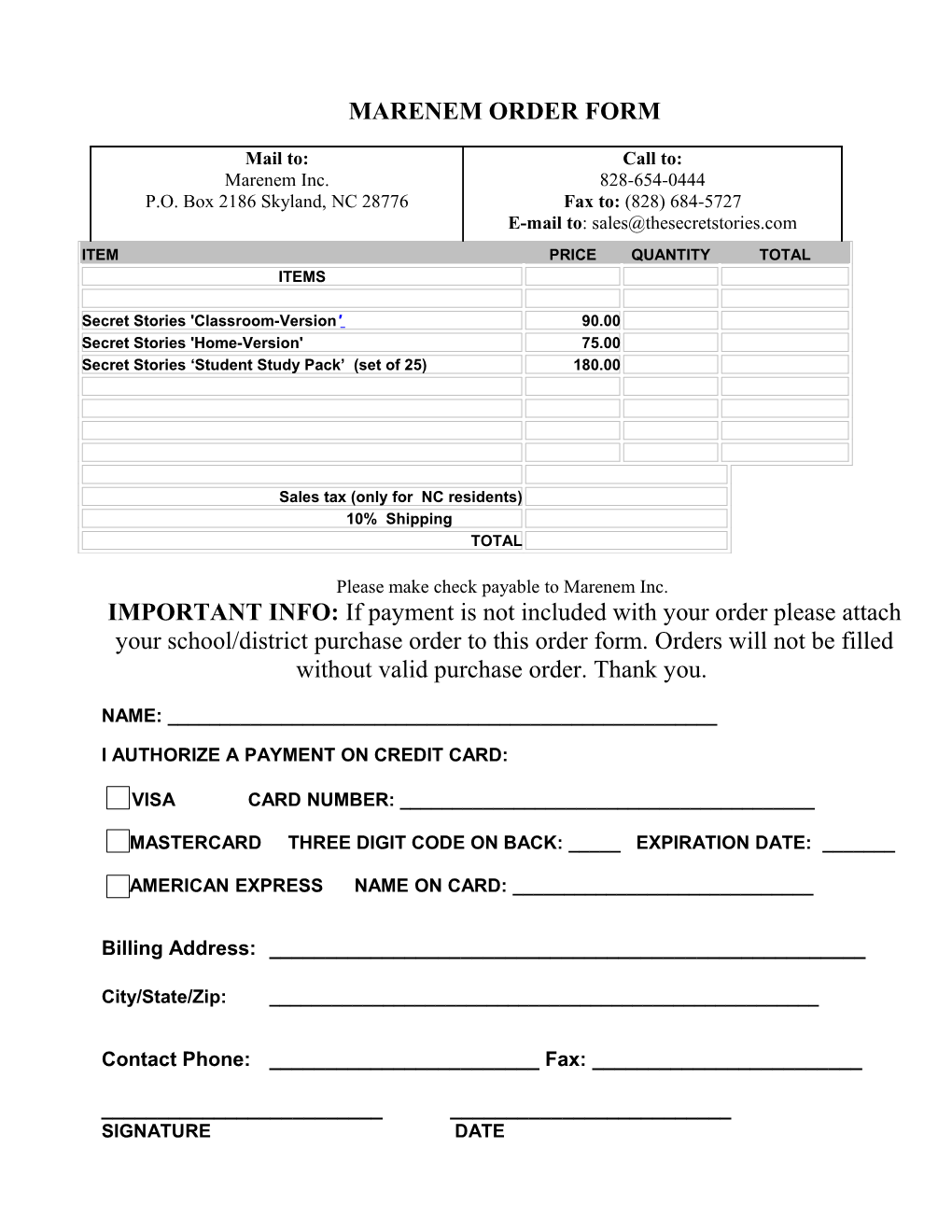 Marenem Order Form