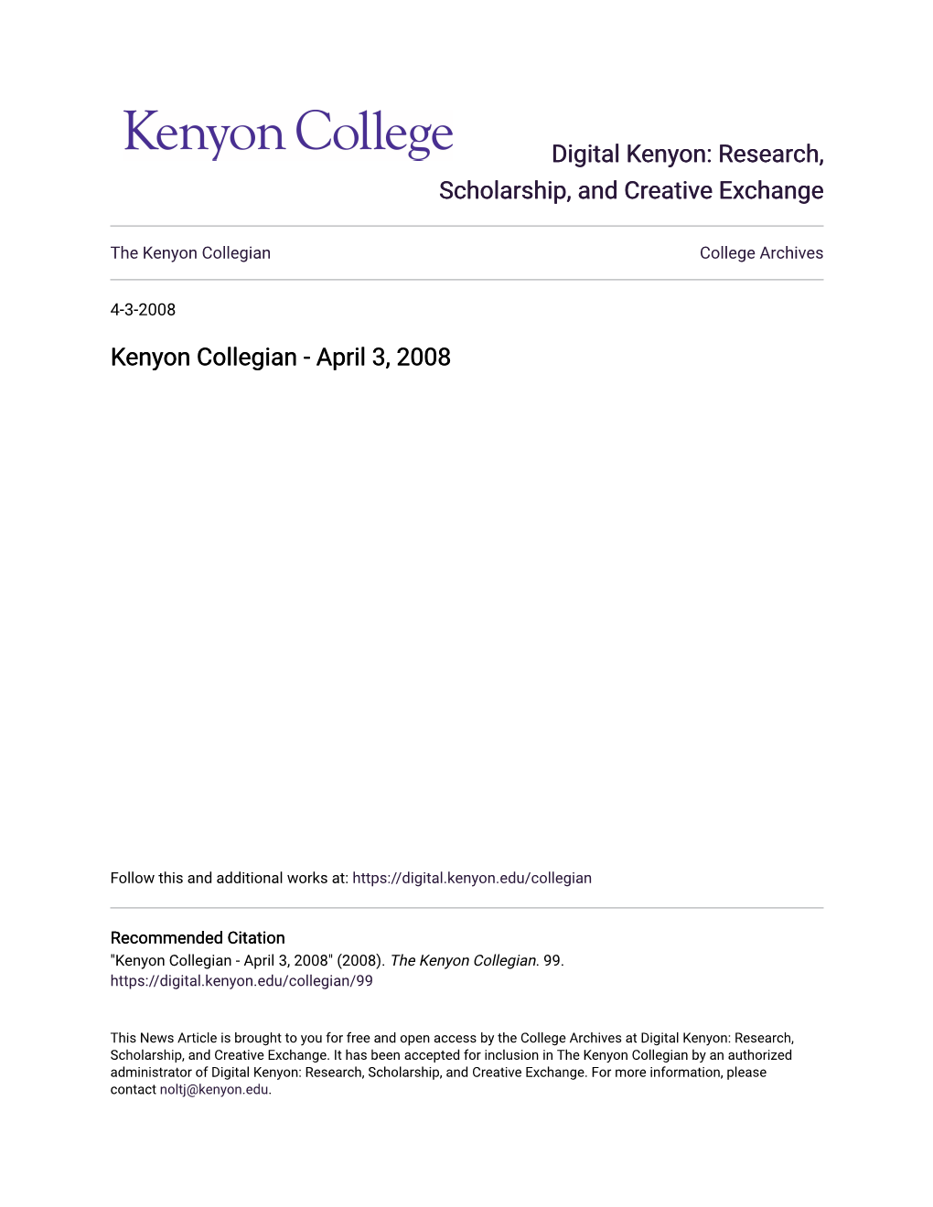 Kenyon Collegian College Archives