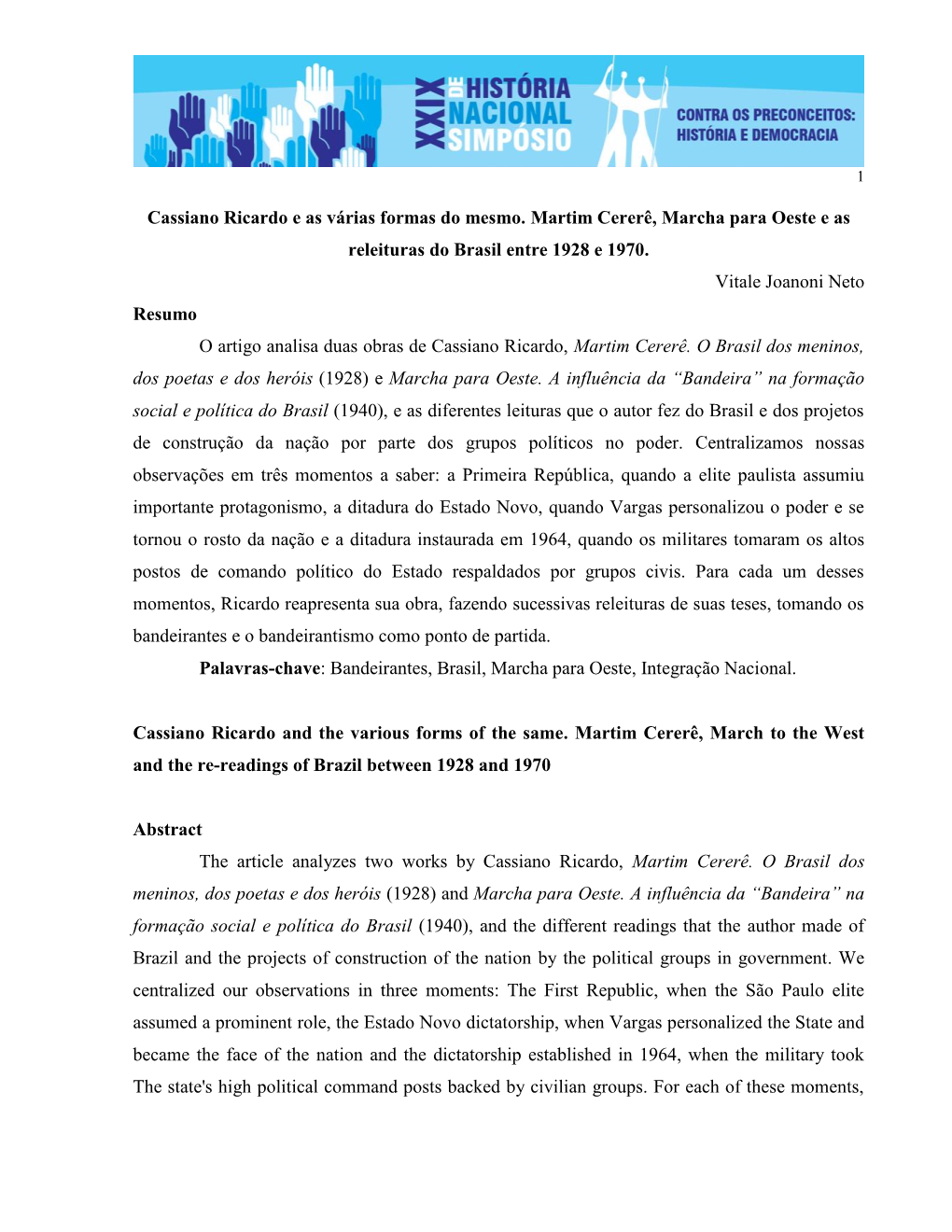 Cassiano Ricardo E As Várias Formas Do Mesmo. Martim Cererê, Marcha Para Oeste E As Releituras Do Brasil Entre 1928 E 1970