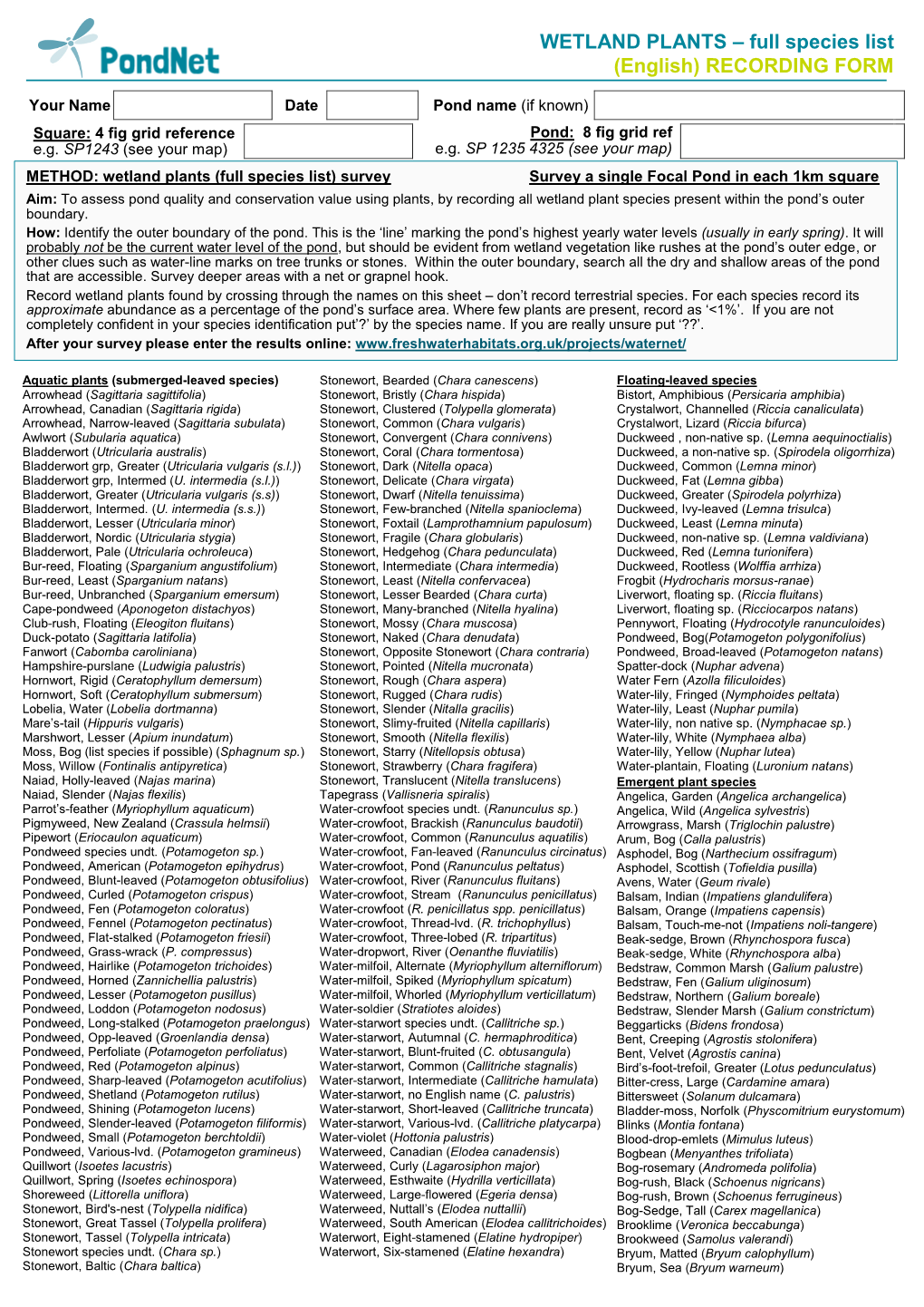 WETLAND PLANTS – Full Species List (English) RECORDING FORM