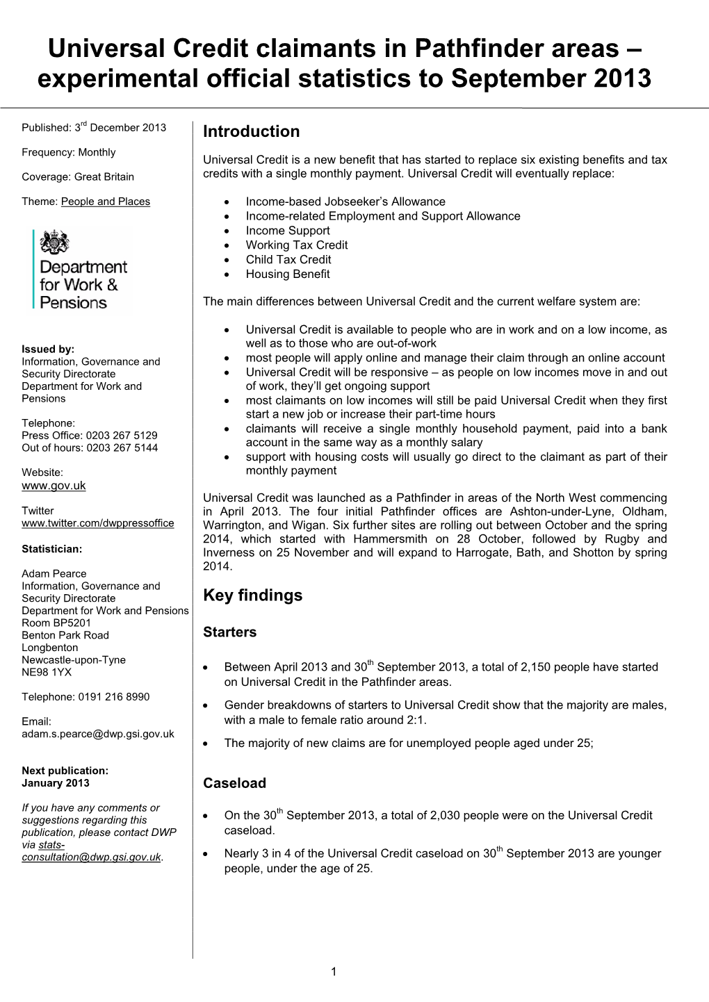 Universal Credit Claimants in Pathfinder Areas – Experimental Official Statistics to September 2013