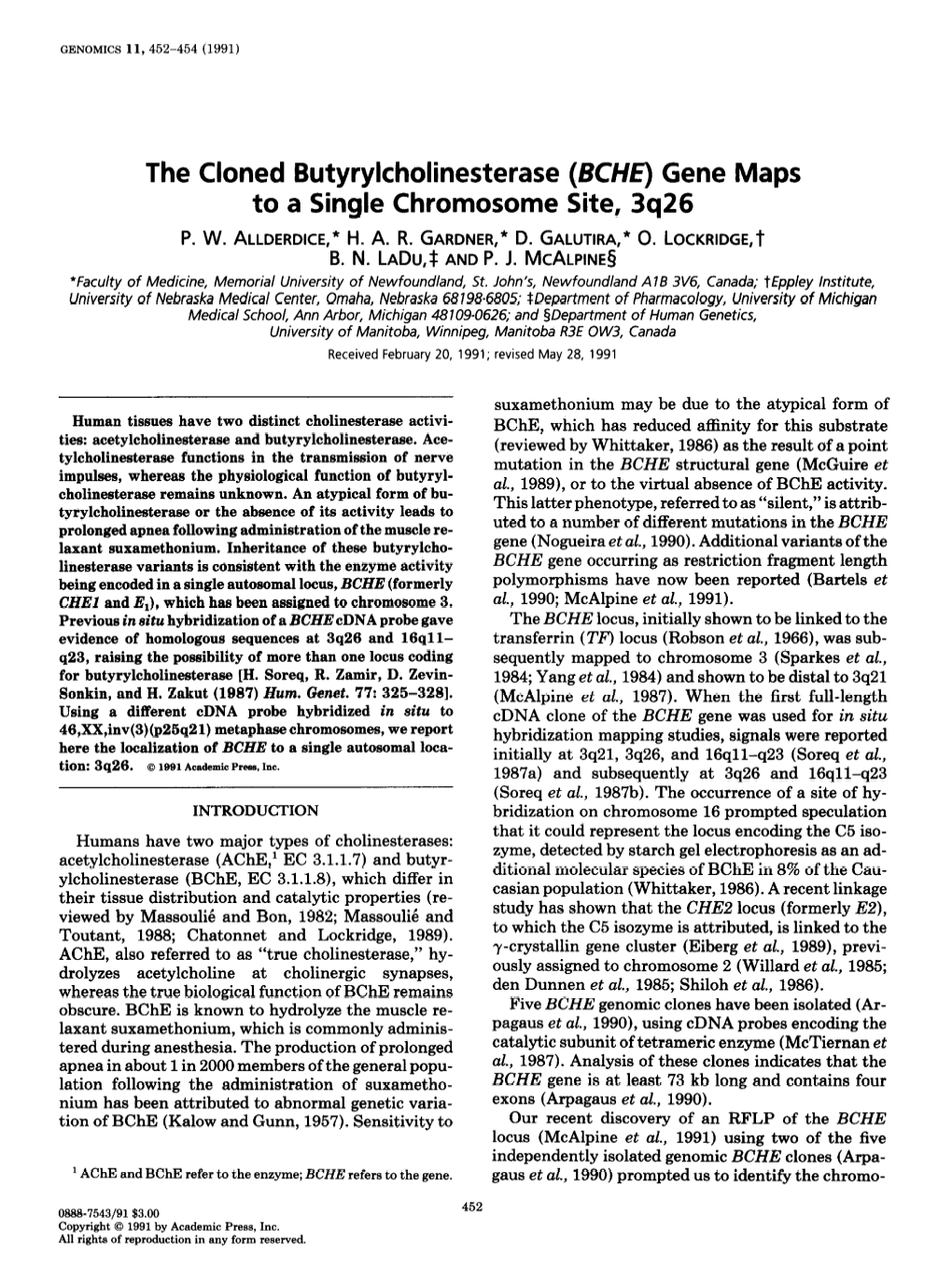 BCHE) Gene Maps to a Single Chromosome Site, 3Q26 P