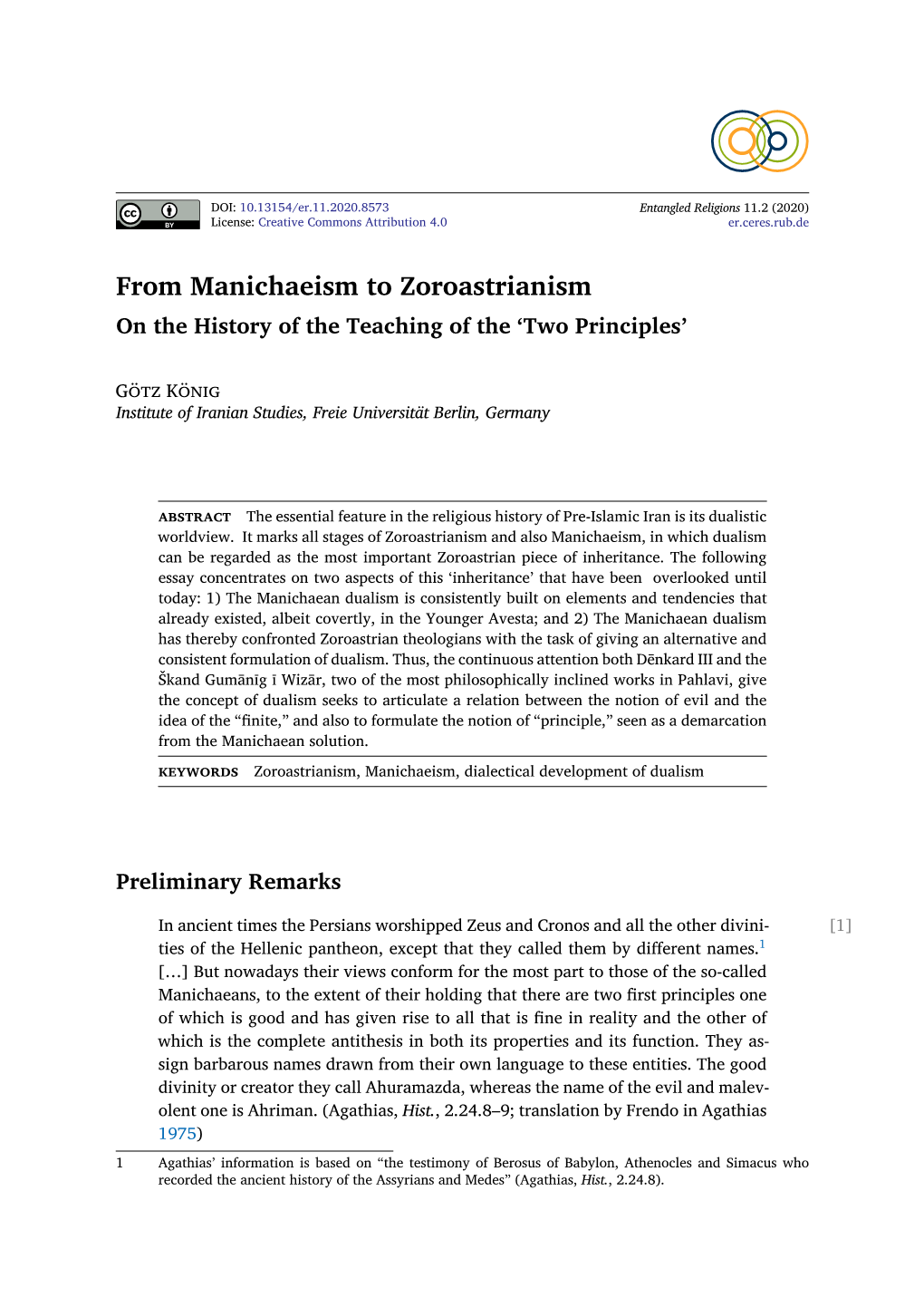 From Manichaeism to Zoroastrianism on the History of the Teaching of the ‘Two Principles’