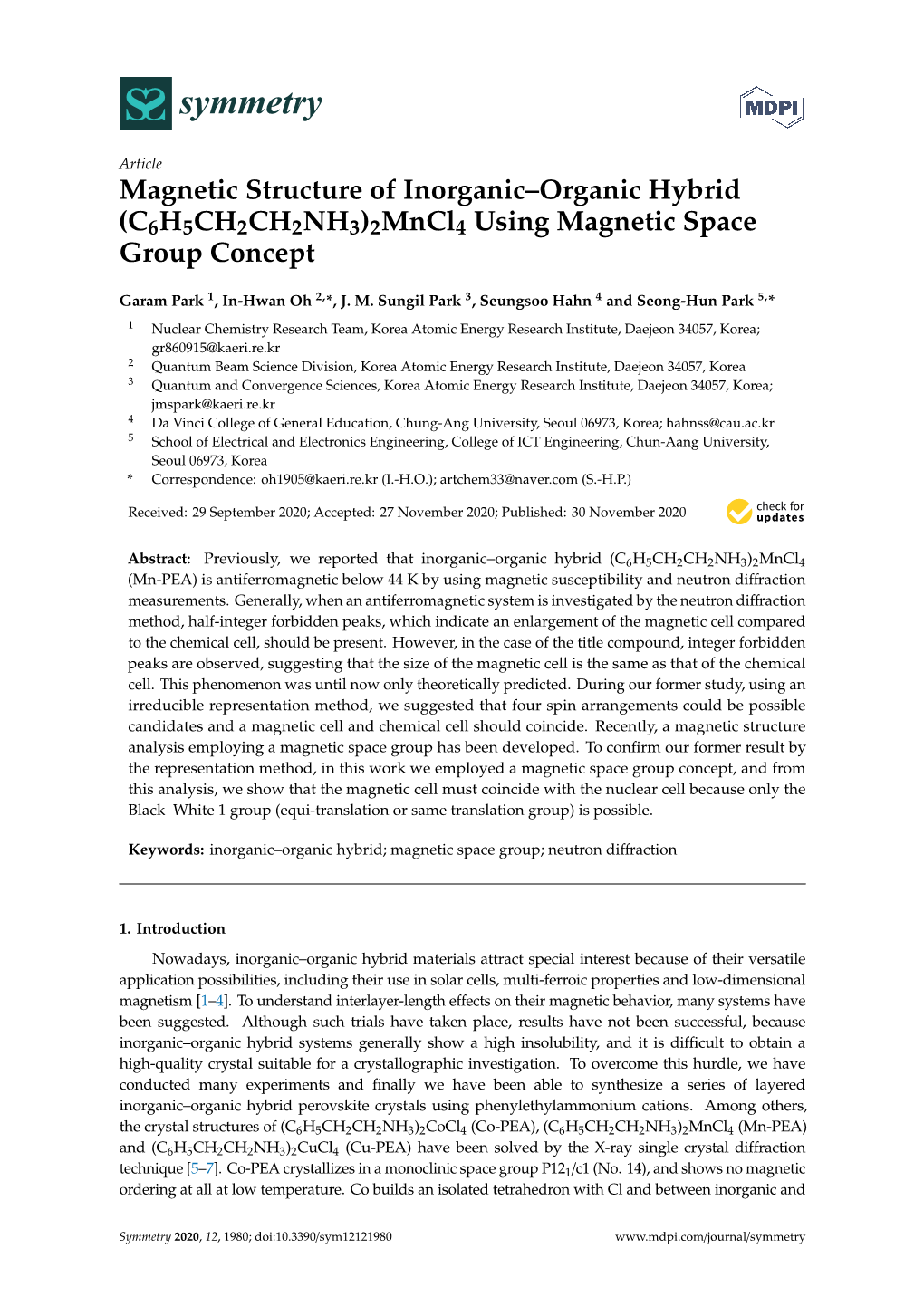Magnetic Structure of Inorganic–Organic Hybrid (C6H5CH2CH2NH3)2Mncl4 Using Magnetic Space Group Concept