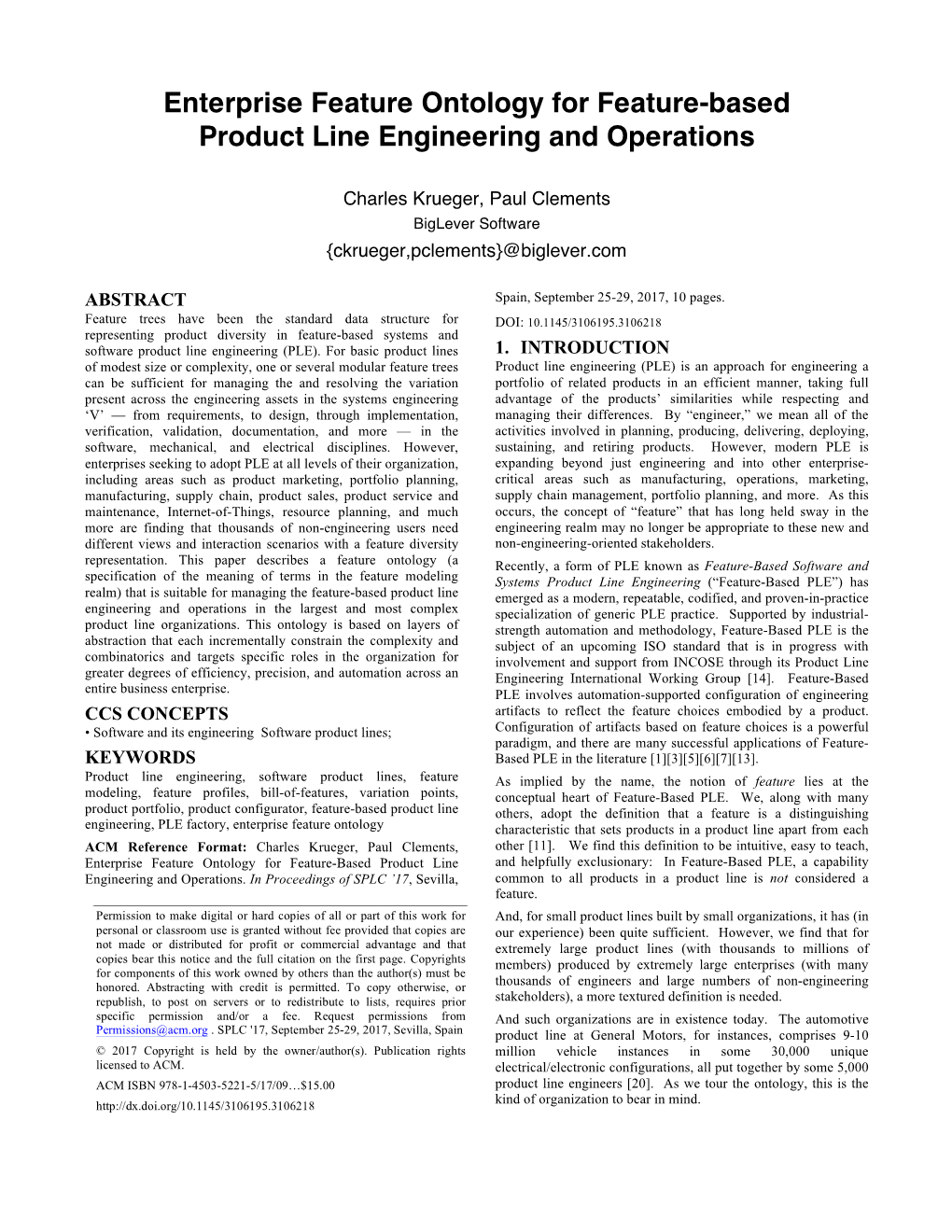 Enterprise Feature Ontology for Feature-Based Product Line Engineering and Operations