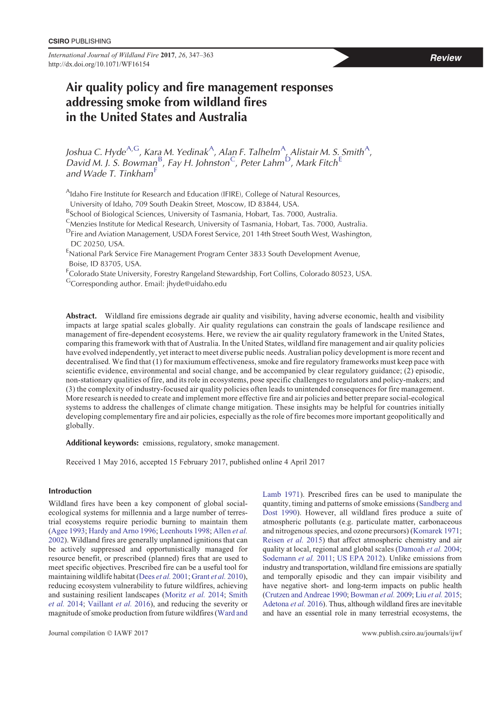 Air Quality Policy and Fire Management Responses Addressing Smoke from Wildland Fires in the United States and Australia