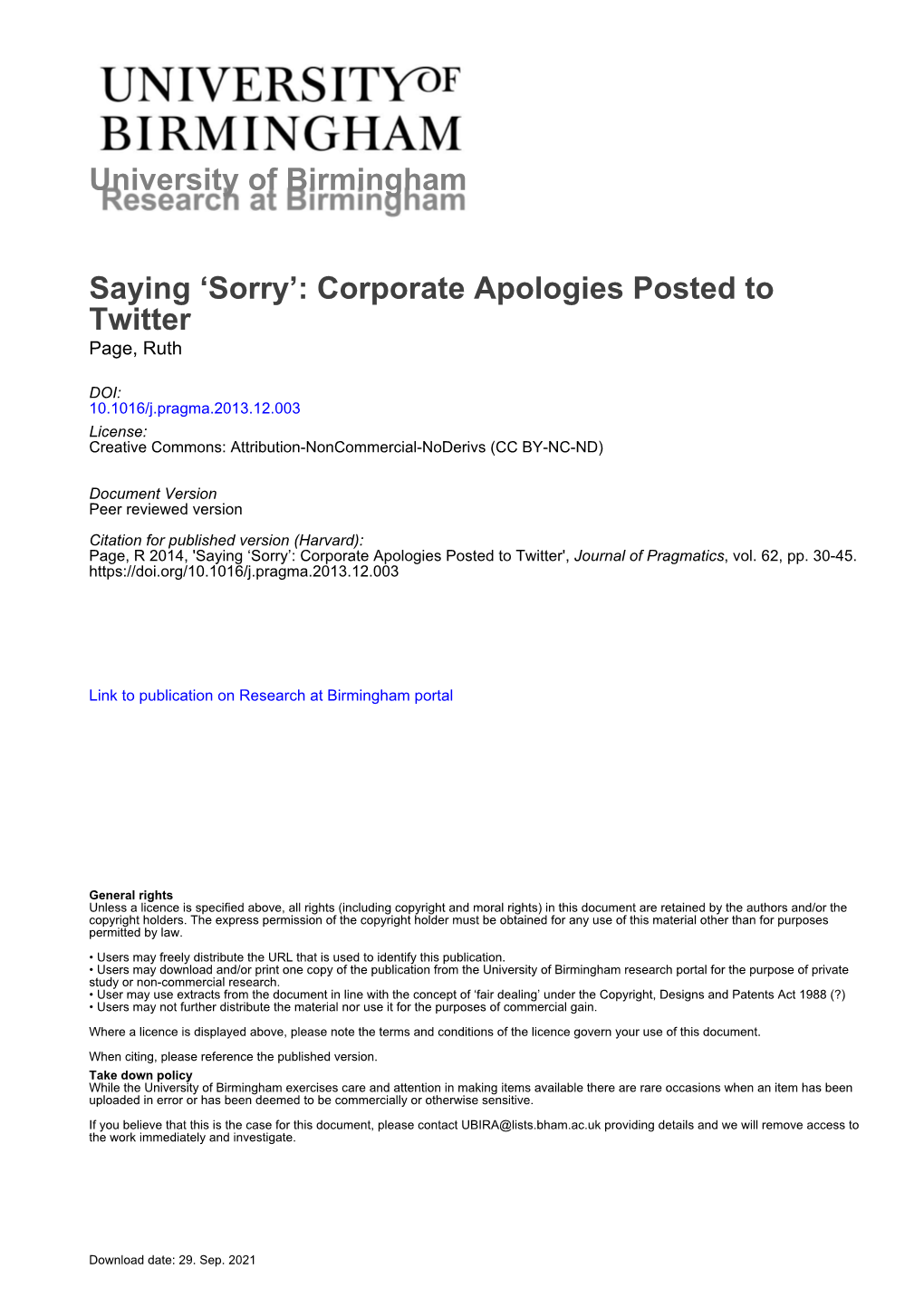 Saying 'Sorry': Corporate Apologies Posted to Twitter