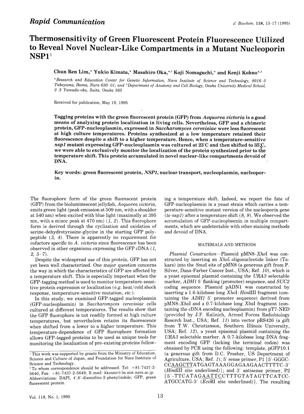 Thermosensitivity of Green Fluorescent Protein Fluorescence Utilized to Reveal Novel Nuclear-Like Compartments in a Mutant Nucleoporin NSP11