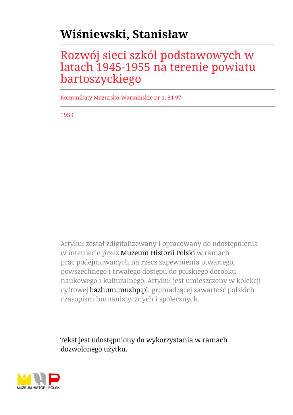 Wiśniewski, Stanisław Rozwój Sieci Szkół Podstawowych W Latach 1945-1955 Na Terenie Powiatu Bartoszyckiego