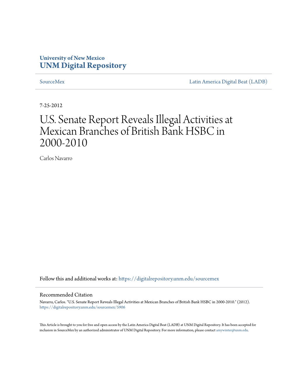 U.S. Senate Report Reveals Illegal Activities at Mexican Branches of British Bank HSBC in 2000-2010 Carlos Navarro