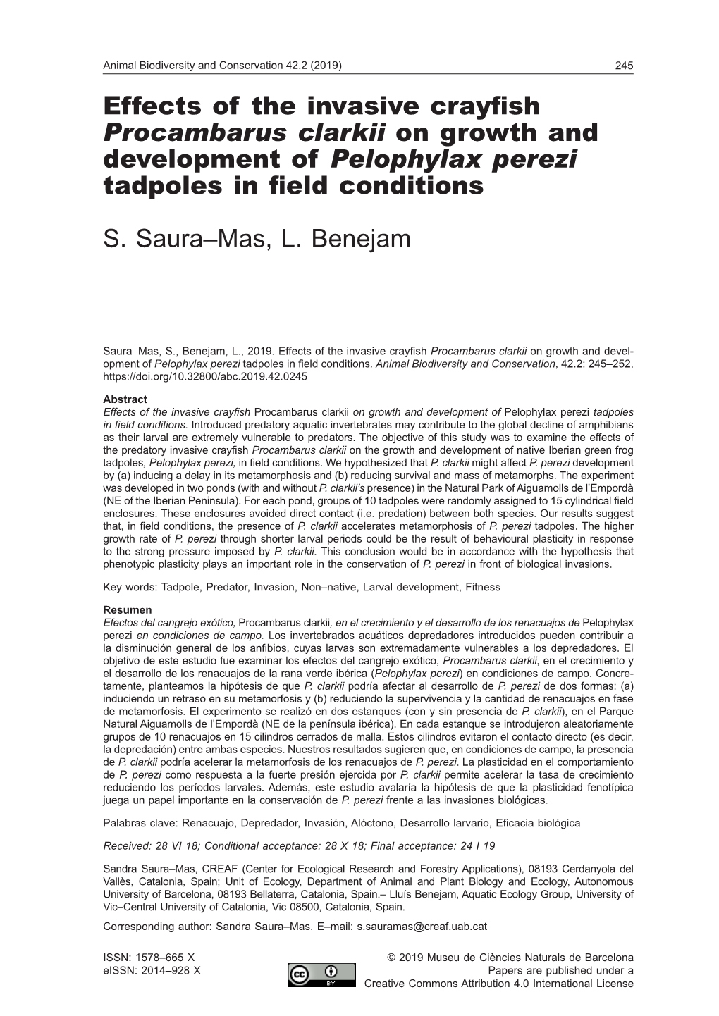 Effects of the Invasive Crayfish Procambarus Clarkii on Growth and Development of Pelophylax Perezi Tadpoles in Field Conditions