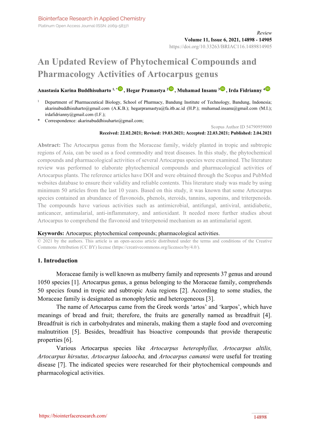 An Updated Review of Phytochemical Compounds and Pharmacology Activities of Artocarpus Genus