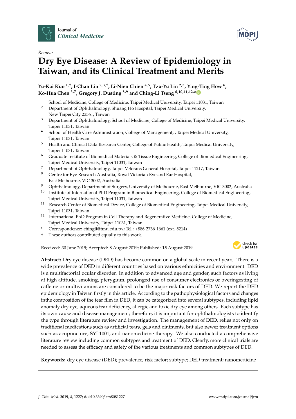 Dry Eye Disease: a Review of Epidemiology in Taiwan, and Its Clinical Treatment and Merits