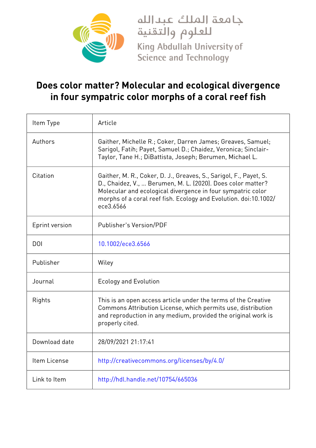 Molecular and Ecological Divergence in Four Sympatric Color Morphs of a Coral Reef Fish