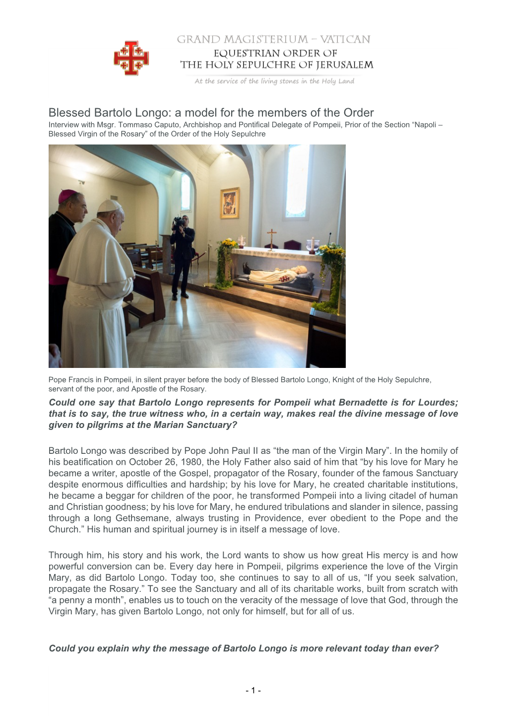 Blessed Bartolo Longo: a Model for the Members of the Order Interview with Msgr