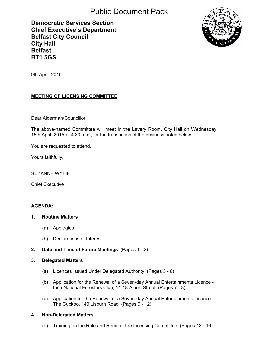 (Public Pack)Agenda Document for Licensing Committee, 15/04/2015 16:30