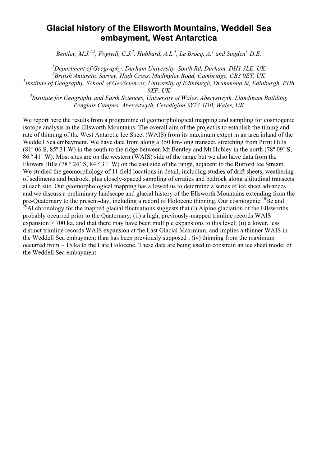 Glacial History of the Ellsworth Mountains, Weddell Sea Embayment, West Antarctica