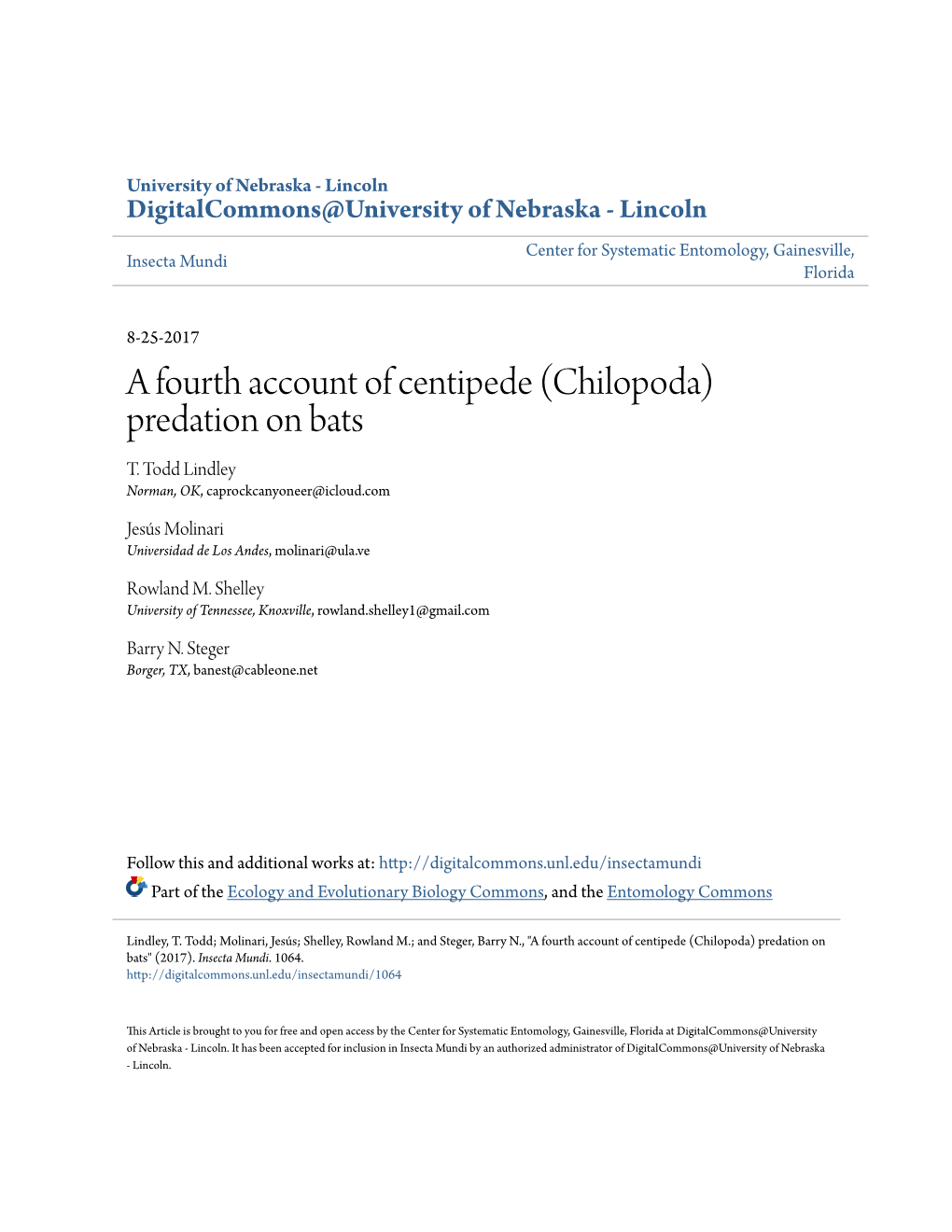 A Fourth Account of Centipede (Chilopoda) Predation on Bats T