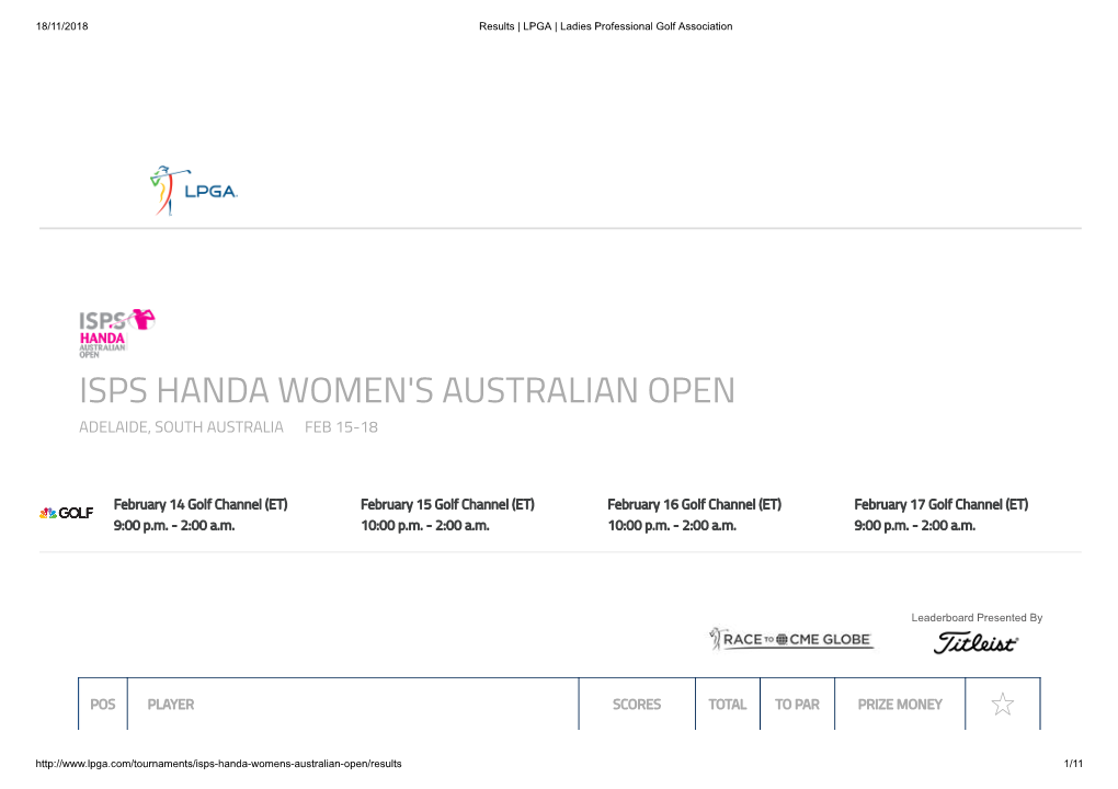 Isps Handa Women's Australian Open Adelaide, South Australia Feb 15-18