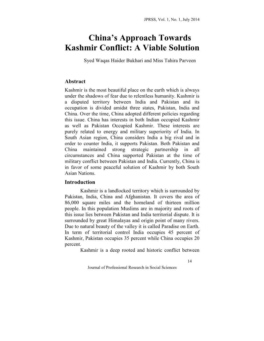 China's Approach Towards Kashmir Conflict: a Viable Solution