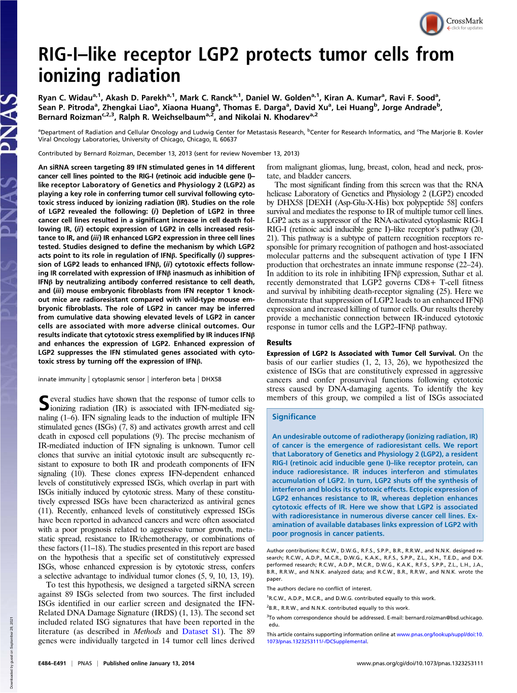 RIG-I–Like Receptor LGP2 Protects Tumor Cells from Ionizing Radiation