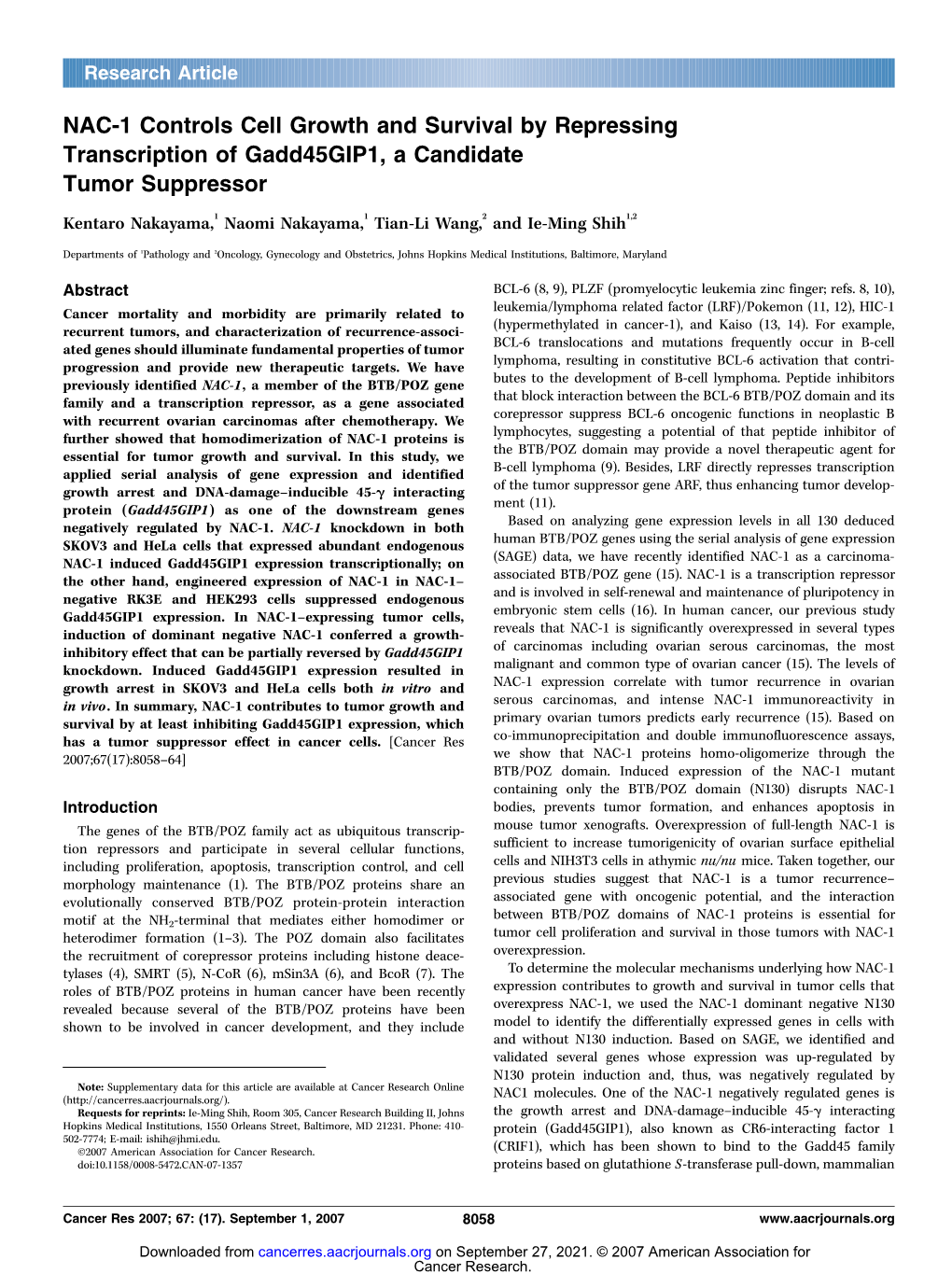 NAC-1 Controls Cell Growth and Survival by Repressing Transcription of Gadd45gip1, a Candidate Tumor Suppressor