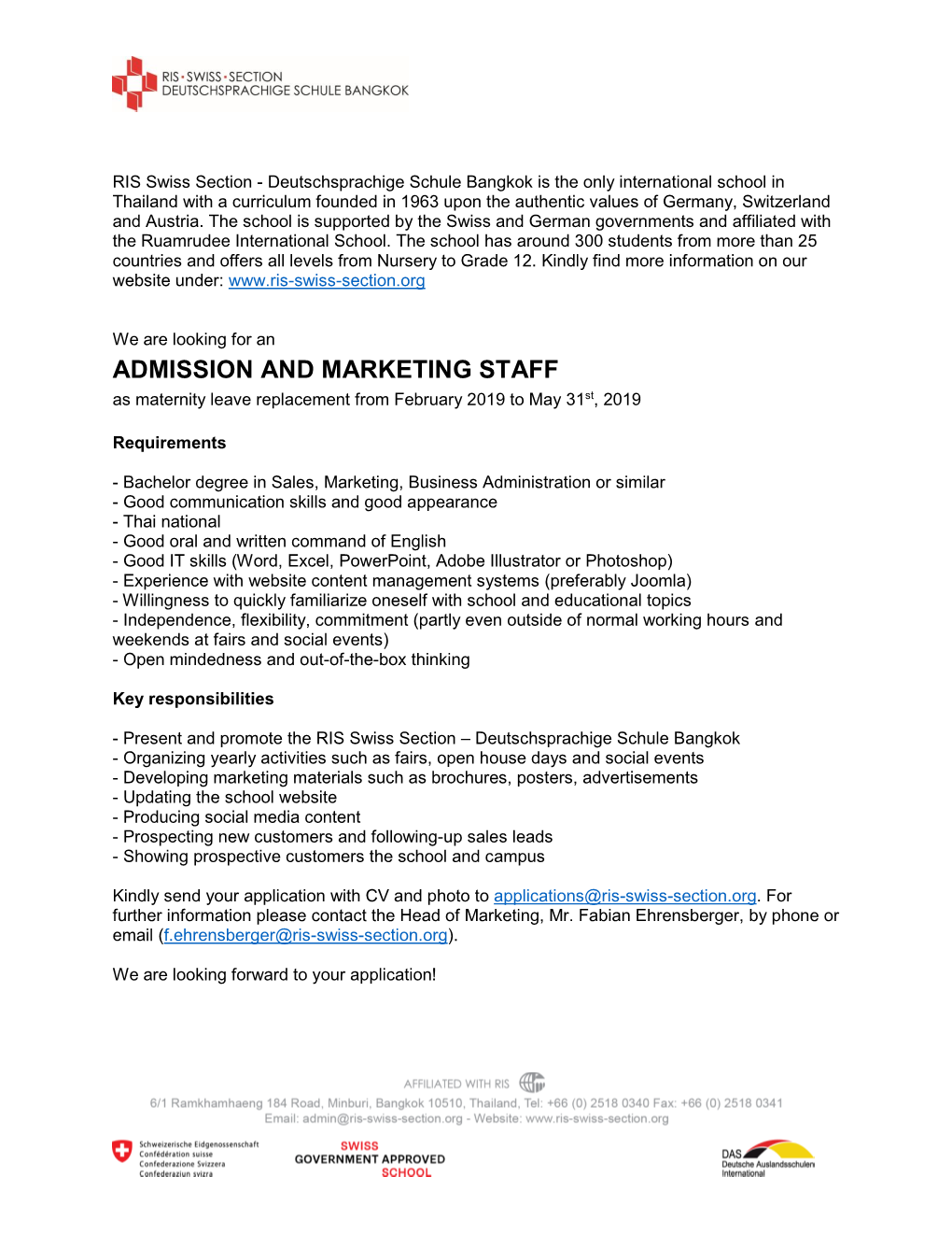 ADMISSION and MARKETING STAFF As Maternity Leave Replacement from February 2019 to May 31St, 2019