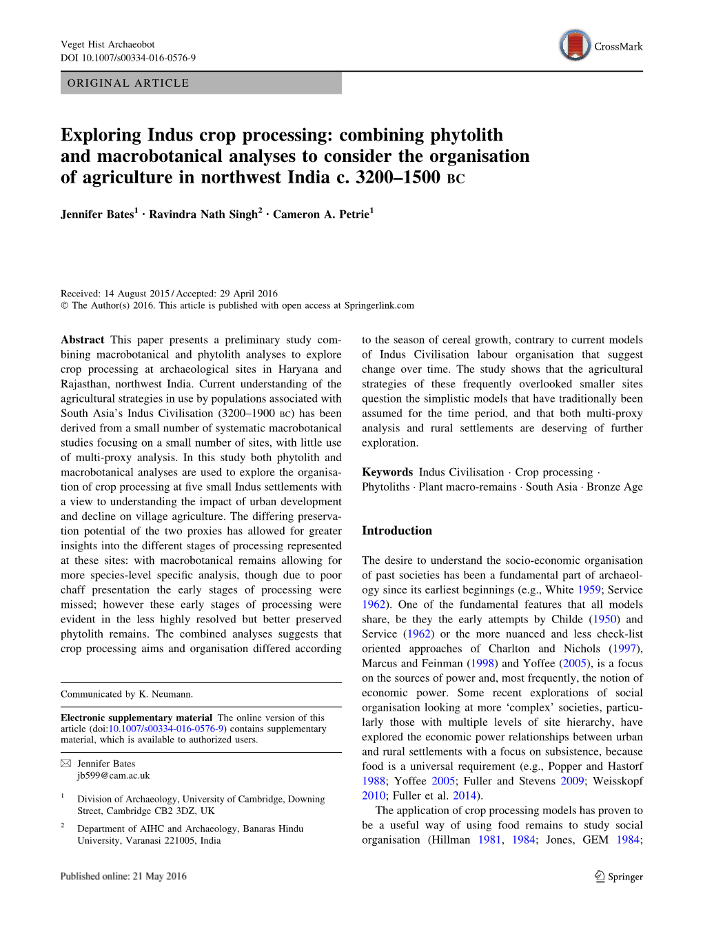 Exploring Indus Crop Processing: Combining Phytolith and Macrobotanical Analyses to Consider the Organisation of Agriculture in Northwest India C