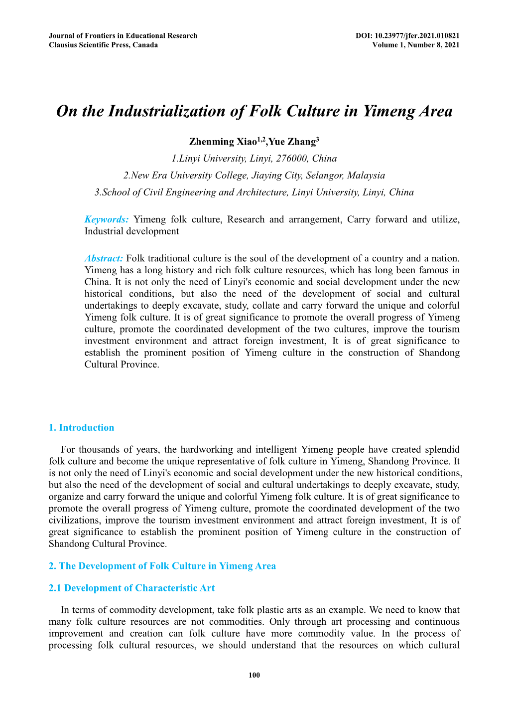 On the Industrialization of Folk Culture in Yimeng Area