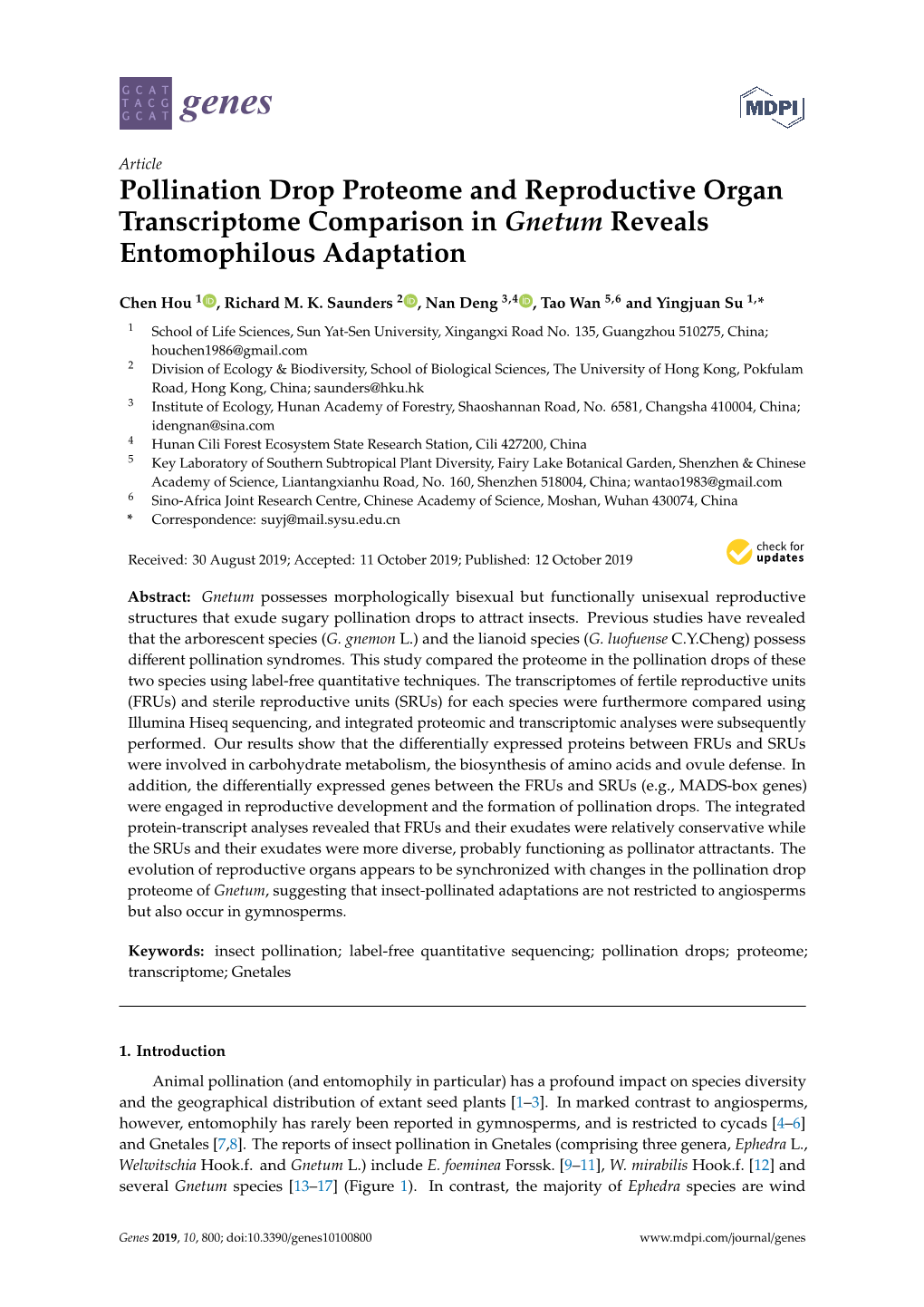 Pollination Drop Proteome and Reproductive Organ Transcriptome Comparison in Gnetum Reveals Entomophilous Adaptation