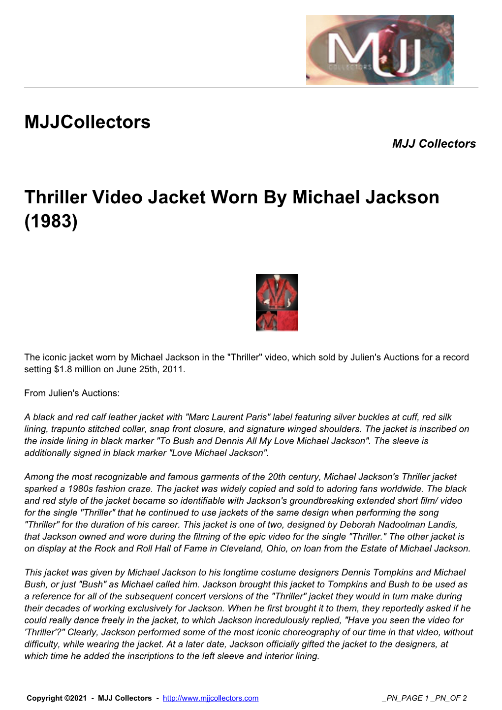 Mjjcollectors Thriller Video Jacket Worn by Michael Jackson (1983)