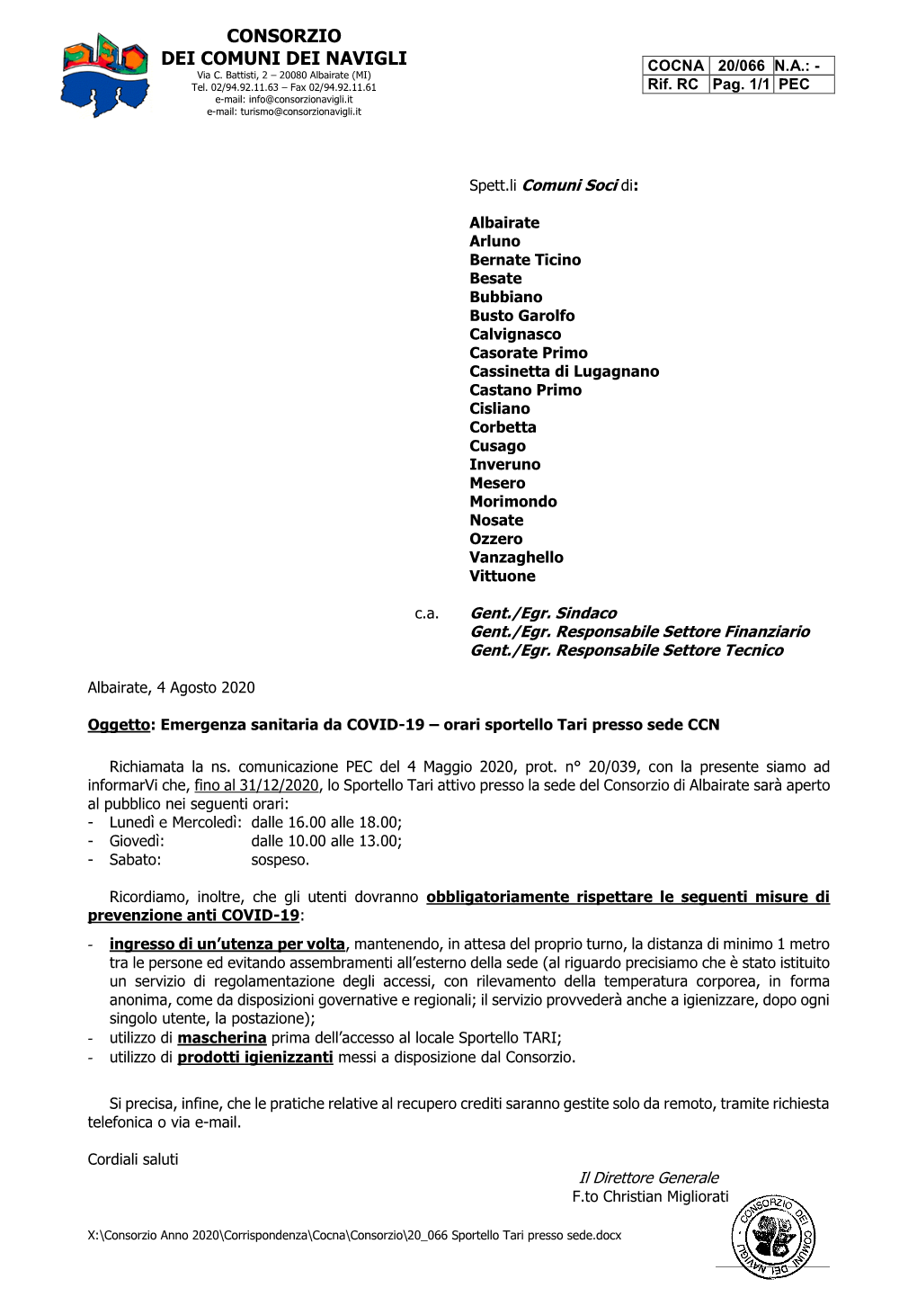 CONSORZIO DEI COMUNI DEI NAVIGLI COCNA 20/066 N.A.: - Via C