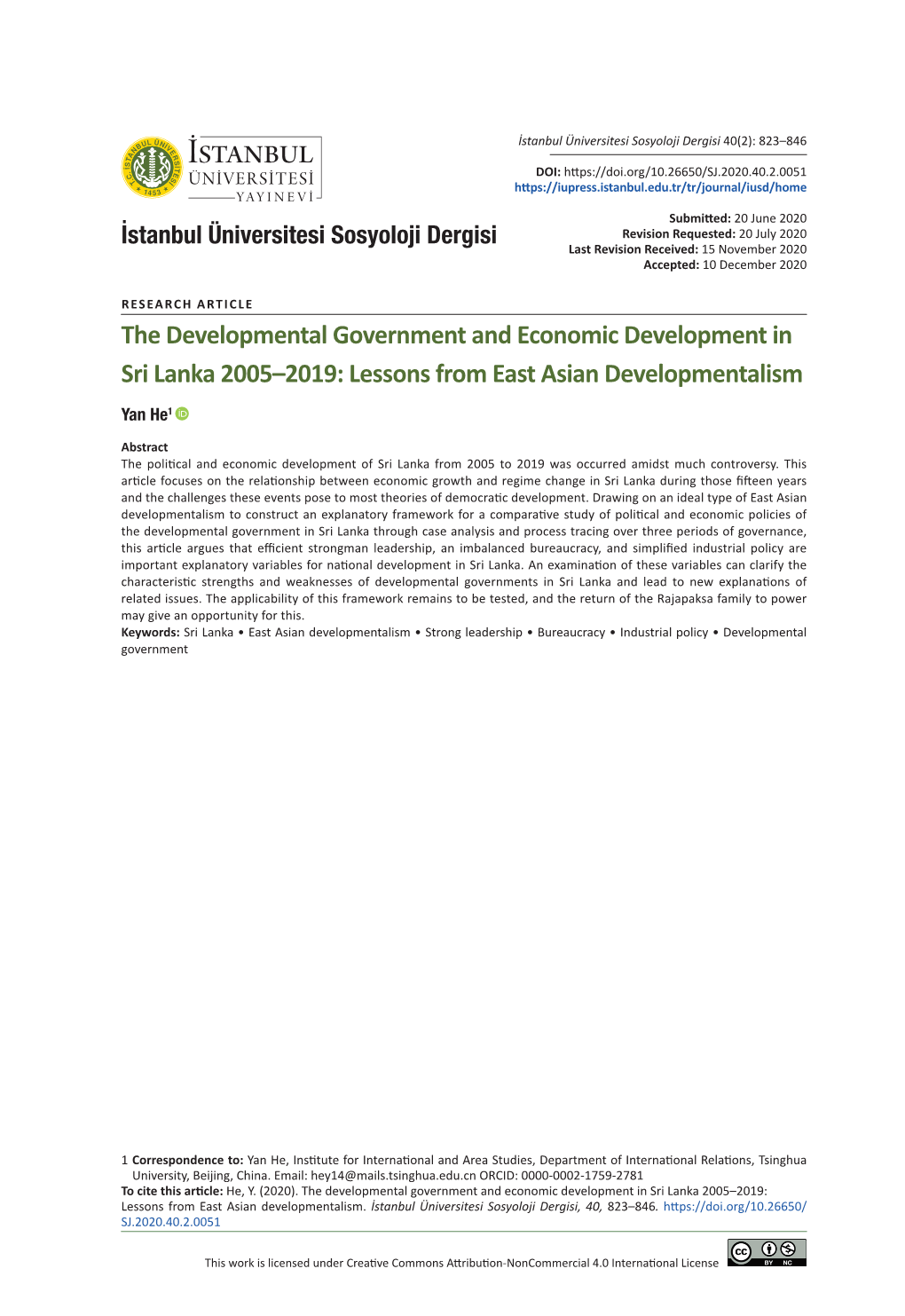 The Developmental Government and Economic Development in Sri Lanka 2005–2019: Lessons from East Asian Developmentalism Yan He1