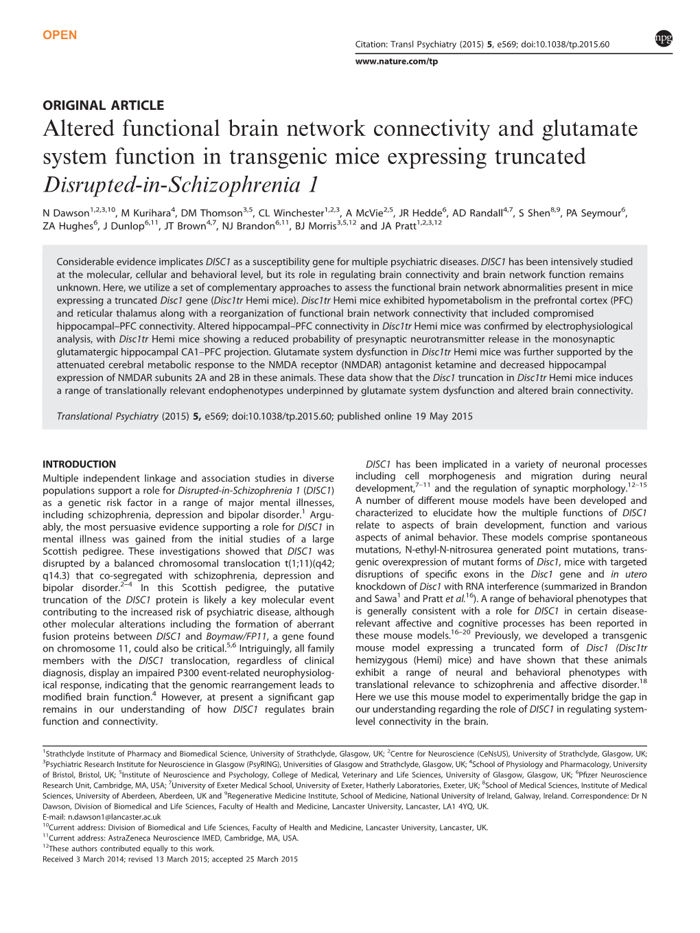 Altered Functional Brain Network Connectivity and Glutamate System Function in Transgenic Mice Expressing Truncated Disrupted-In-Schizophrenia 1