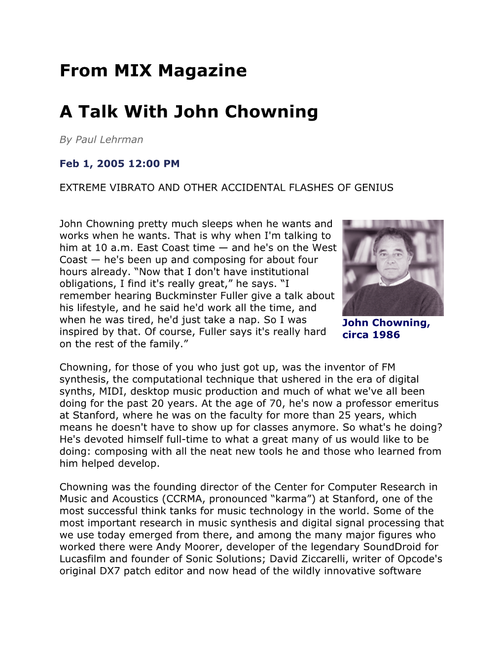 From MIX Magazine a Talk with John Chowning