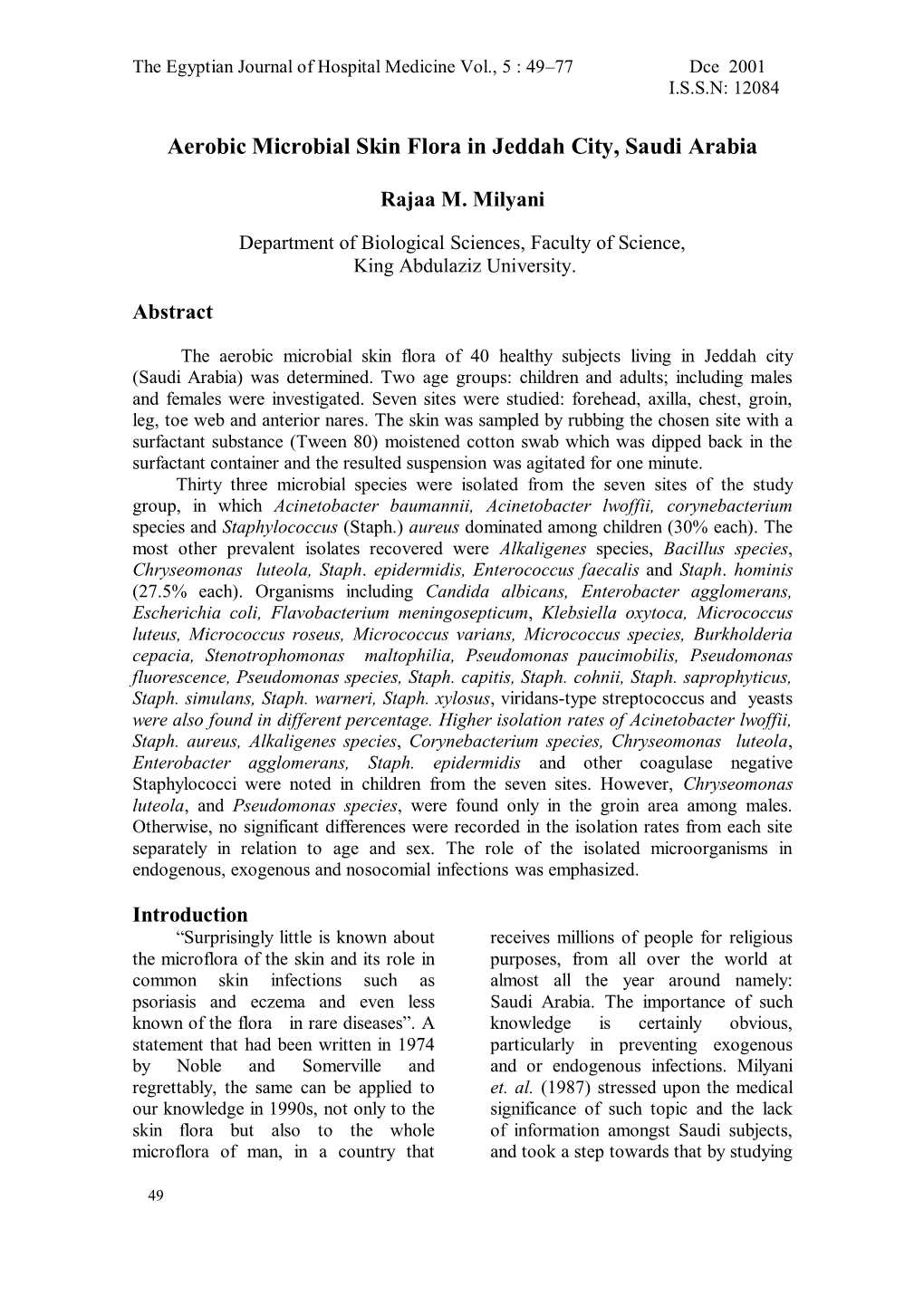 Aerobic Microbial Skin Flora in Jeddah City, Saudi Arabia