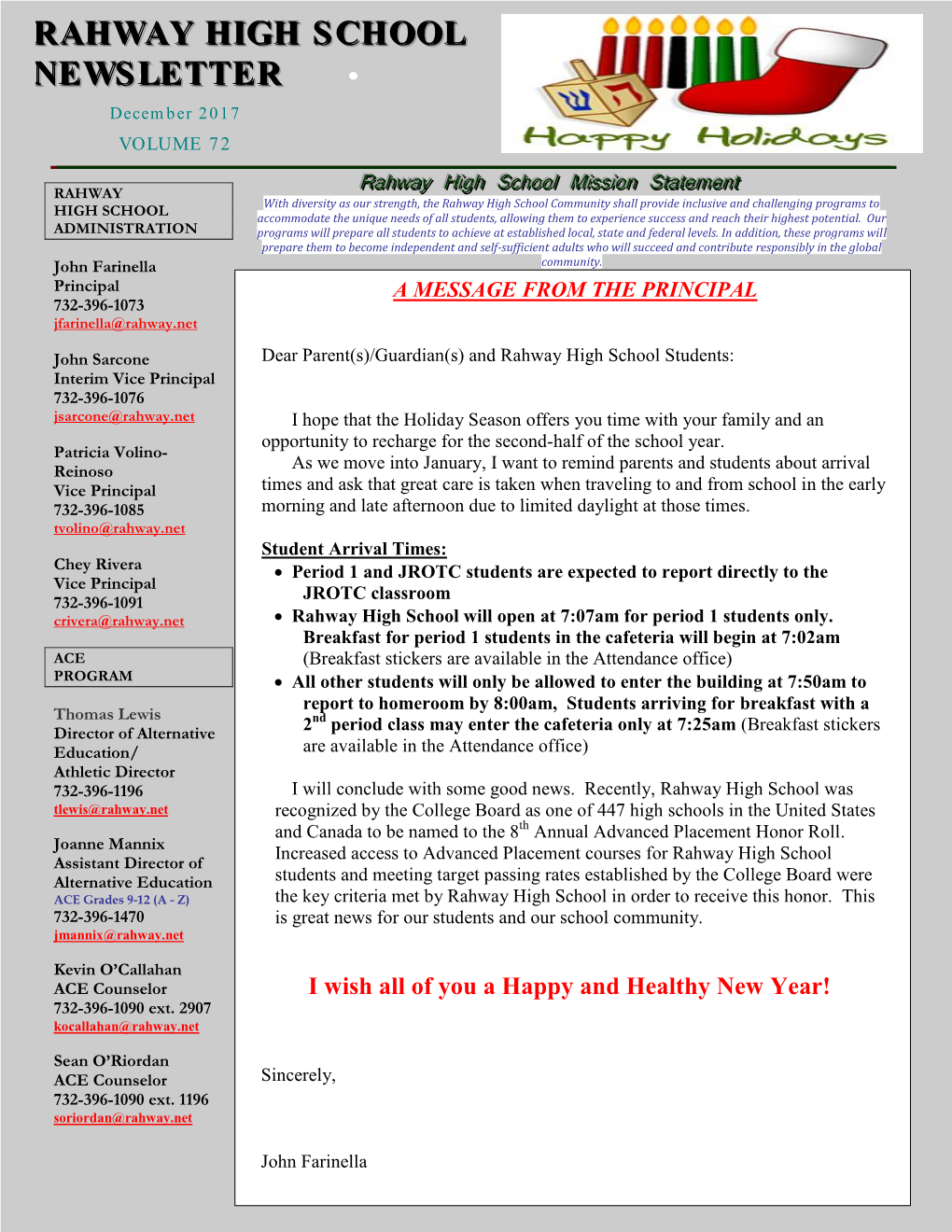 Rahway High School Newslette Rr