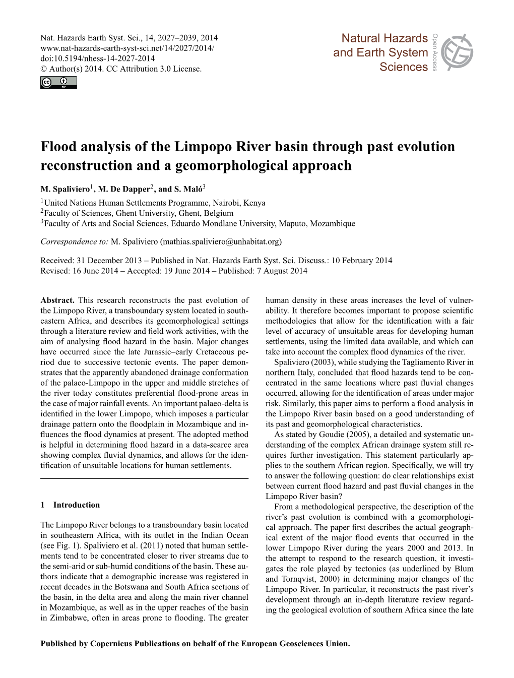 Flood Analysis of the Limpopo River Basin Through Past Evolution Reconstruction and a Geomorphological Approach