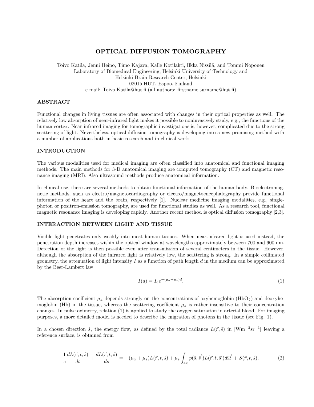 Optical Diffusion Tomography