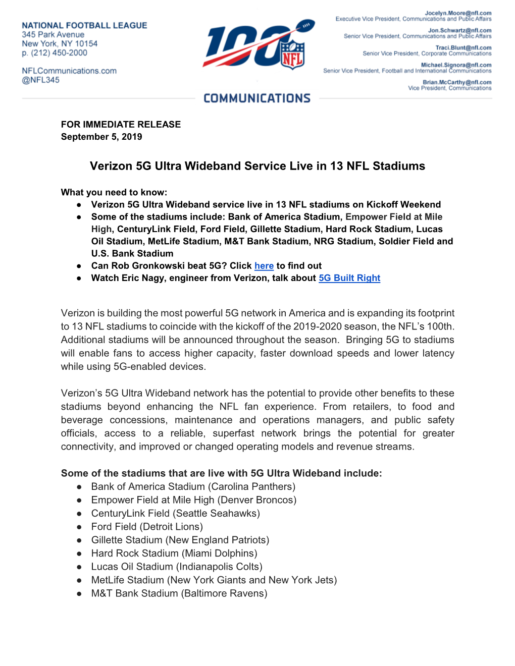 Verizon 5G Ultra Wideband Service Live in 13 NFL Stadiums