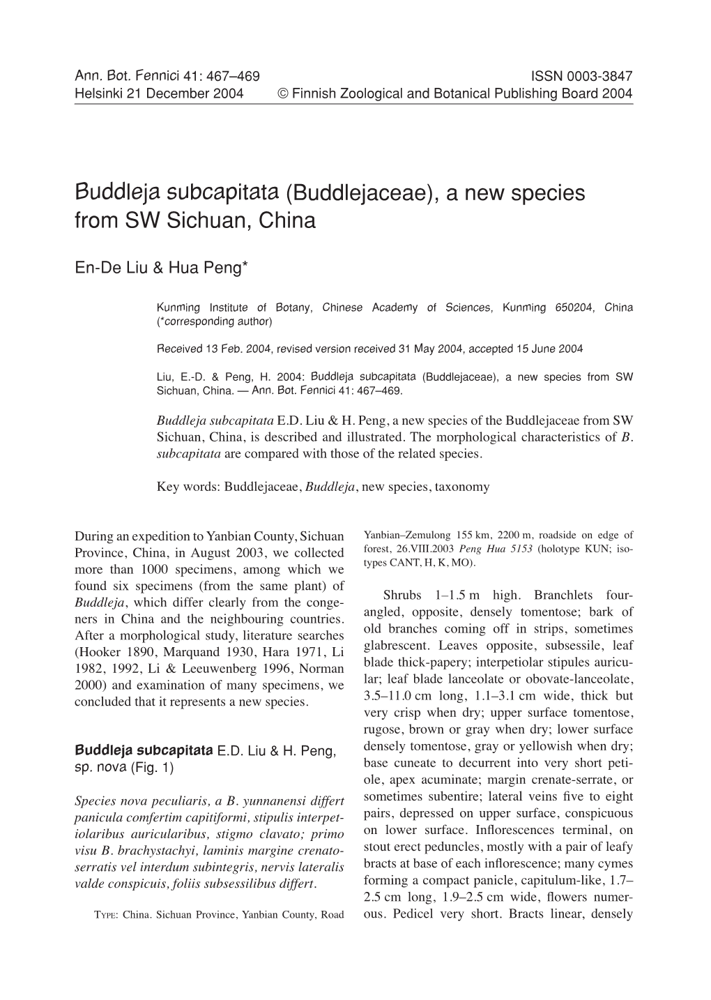 Buddleja Subcapitata (Buddlejaceae), a New Species from SW Sichuan, China
