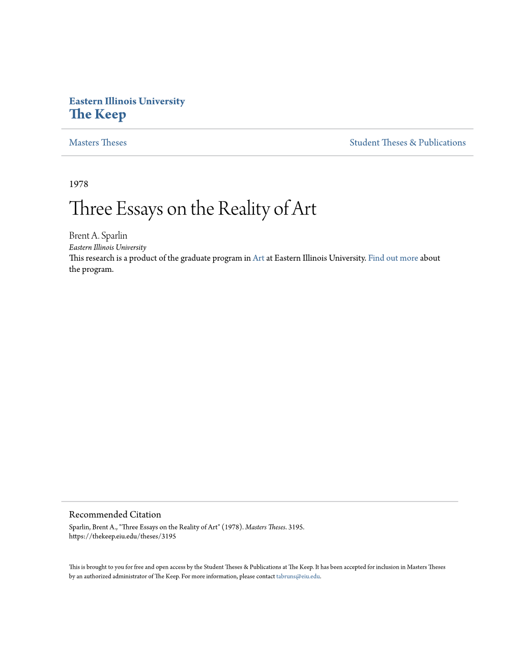 Three Essays on the Reality of Art Brent A