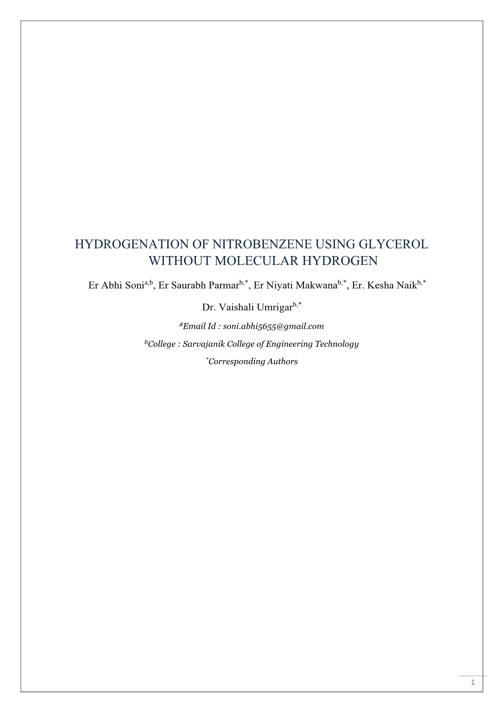 Hydrogenation of Nitrobenzene Using Glycerol Without Molecular Hydrogen