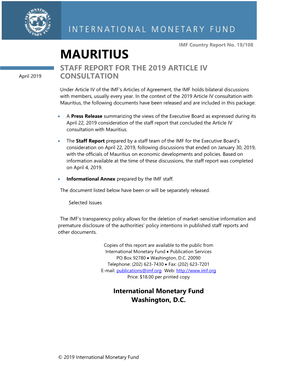 Mauritius: Staff Report for the 2019 Article IV Consultation; IMF Country