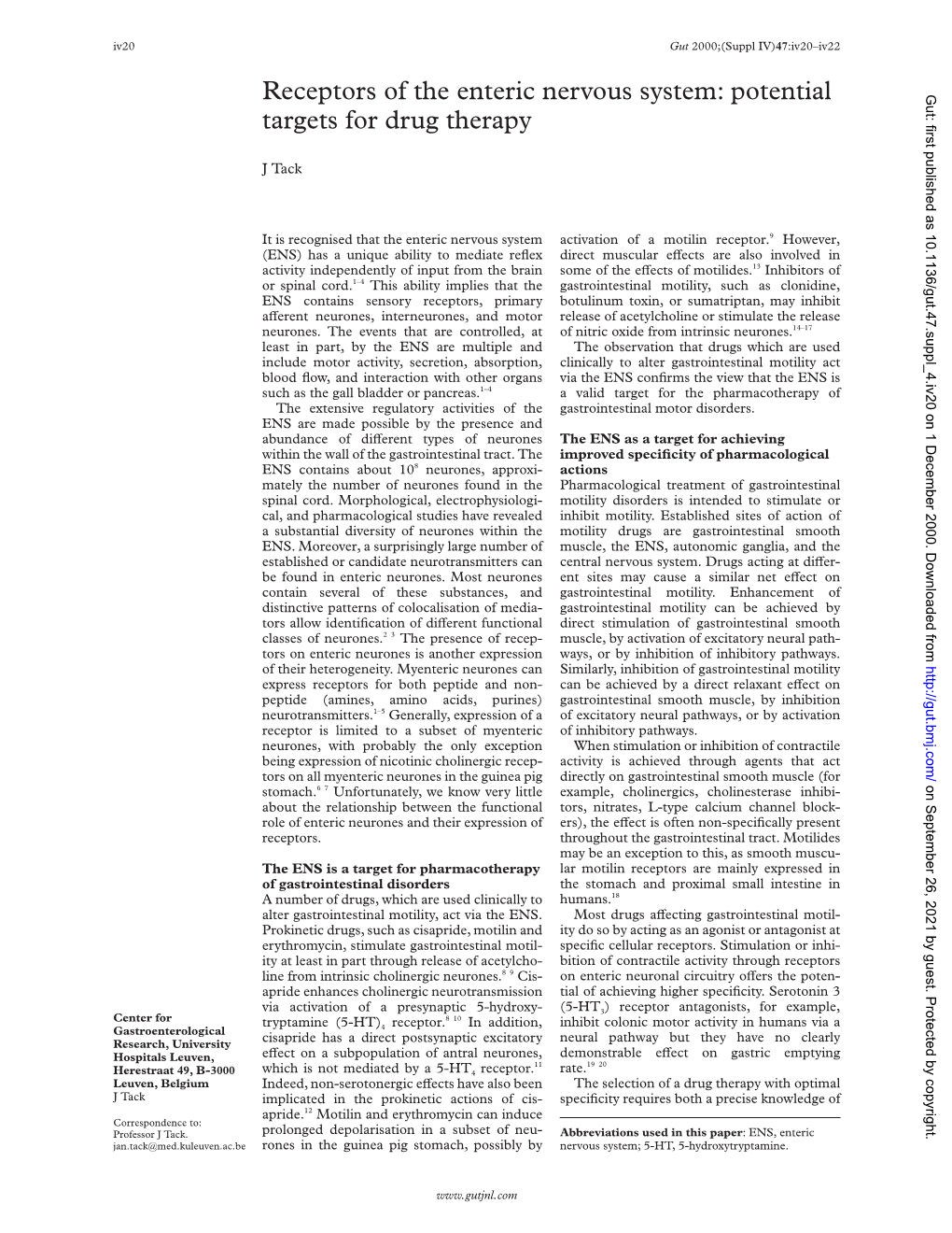 Receptors of the Enteric Nervous System: Potential Gut: First Published As 10.1136/Gut.47.Suppl 4.Iv20 on 1 December 2000