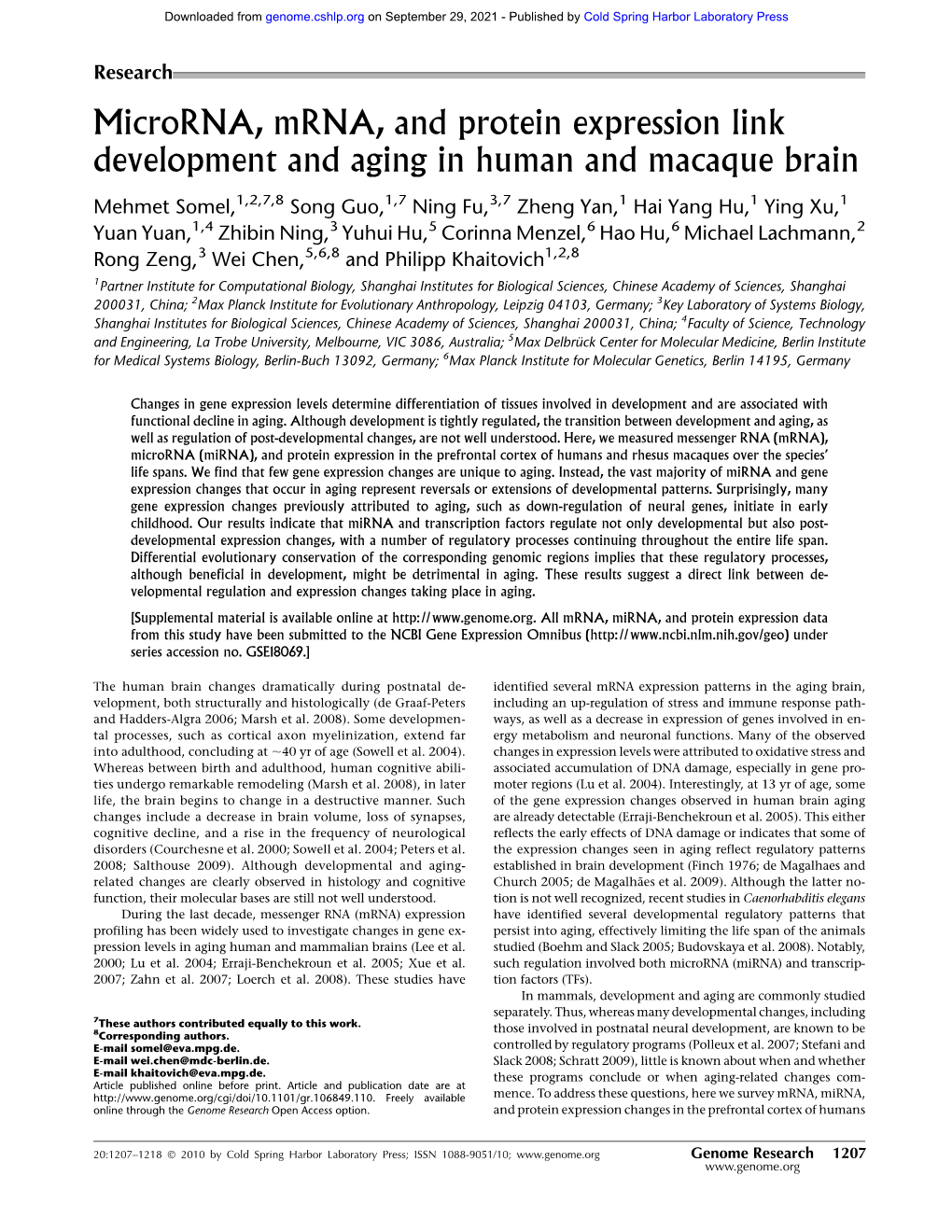 Microrna, Mrna, and Protein Expression Link Development and Aging in Human and Macaque Brain