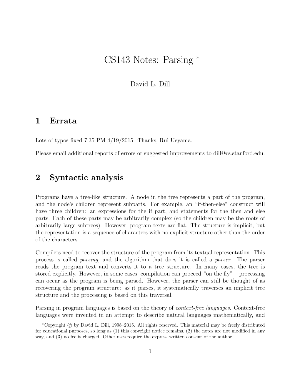 CS143 Notes: Parsing ∗