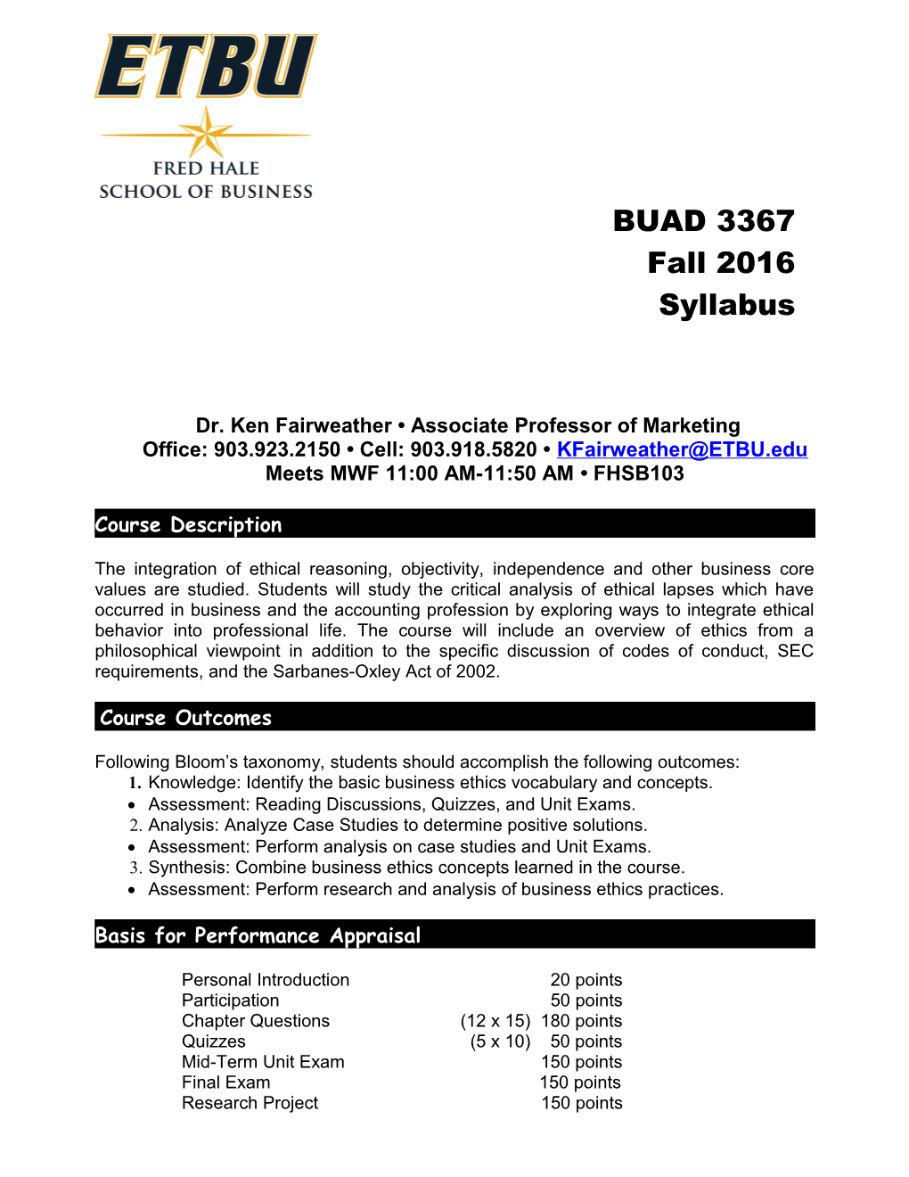 BUAD 3367 Business & Accounting Ethics