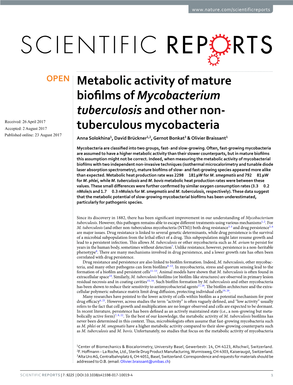 Metabolic Activity of Mature Biofilms of Mycobacterium Tuberculosis and Other Non-Tuberculous Mycobacteria
